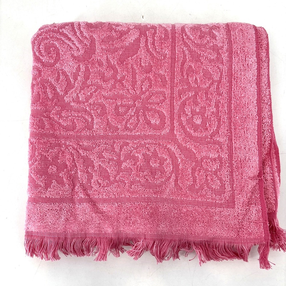 Vintage Sears Drylon Pink Bath Towel Fringe Sculpted NEVER WASHED 46 x 24" 60s